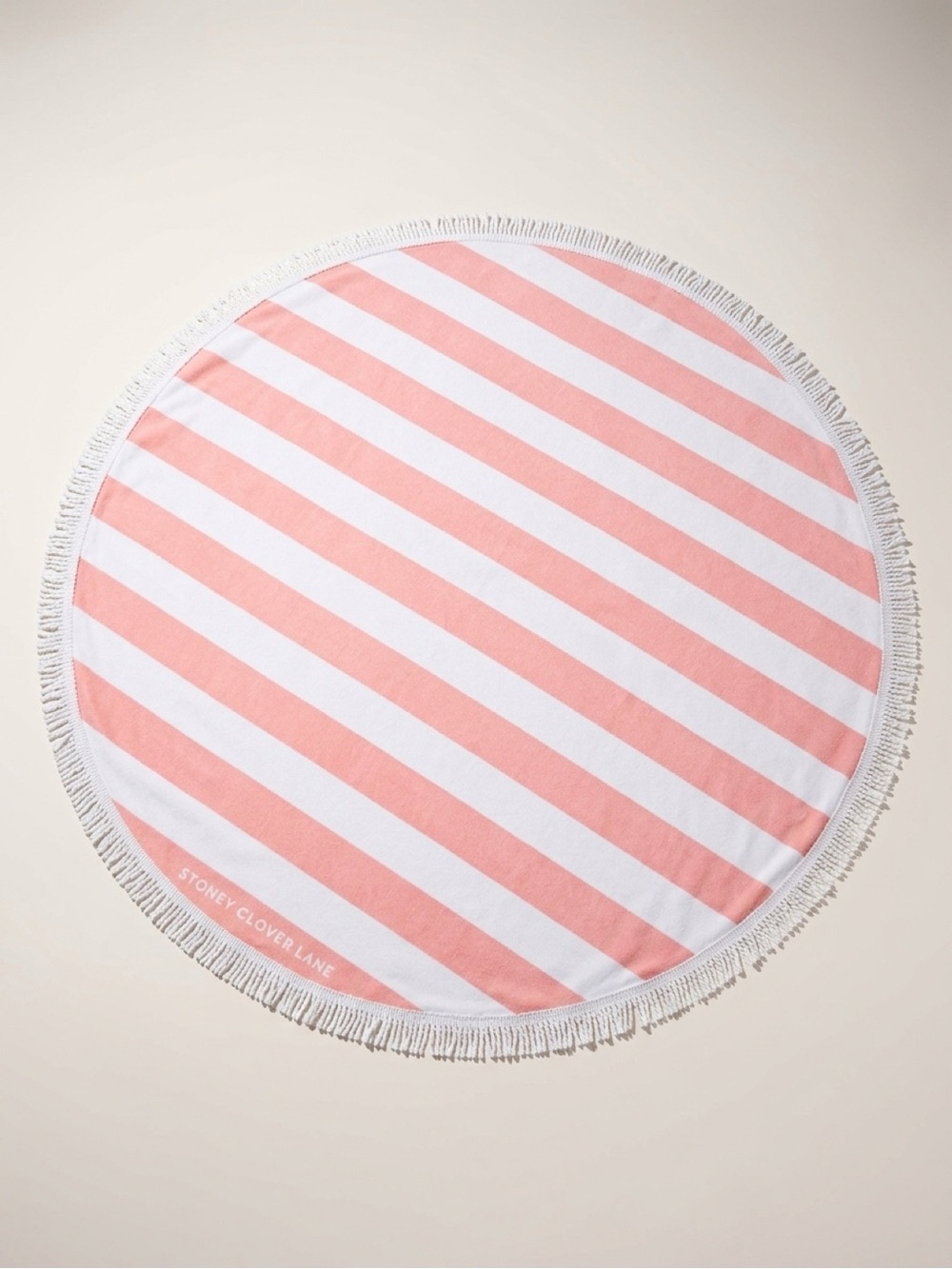 Stoney Clover Lane Pink and White Diagonal Stripe Round Mat with Fringe